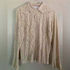 Worthington Cream Color Lace Long Sleeve Button Front Blouse